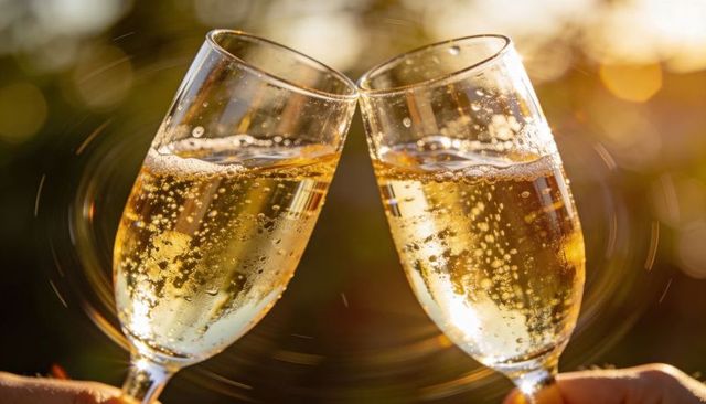 Golden champagne toast at sunset clinking flutes with bokeh and rising bubbles celebration