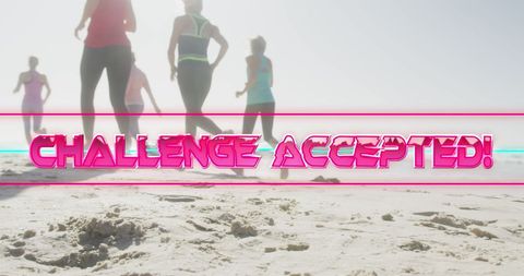 Group of Women Running on Beach with Motivational Text