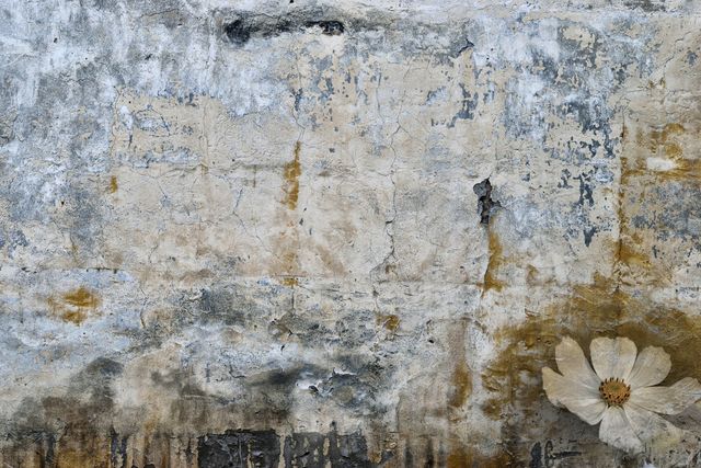 This image captures a weathered wall with a dried flower, combining rustic decay with natural beauty. The peeling paint and worn plaster create a textured, grunge backdrop that is both visually striking and ideal for use in design projects. Perfect for adding a vintage feel to branding, as a unique background in graphic design, or as an artistic element in interiors inspired by shabby chic or earthy aesthetics.