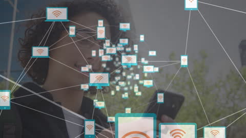 Digital Connectivity: Businessman Using Smartphone with Data Overlay