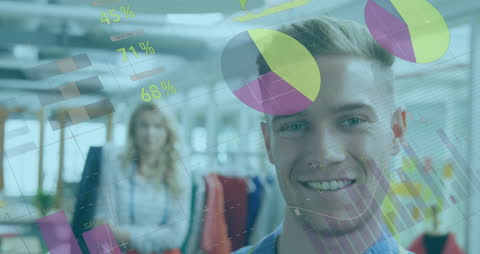 Smiling Professional with Infographic Overlay in Office Environment