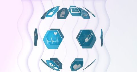 Abstract globe with spinning medical icons on wavy background