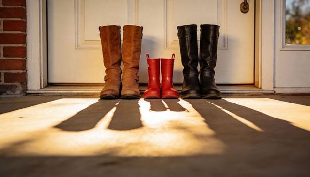 Tan suede, black leather, red rubber family boots standing at doorstep casting warm golden shadows