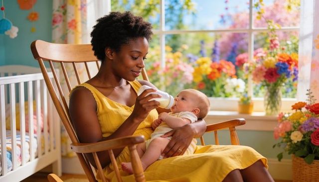 Feeding baby in sunny floral nursery, woman cradling infant in wooden rocking chair