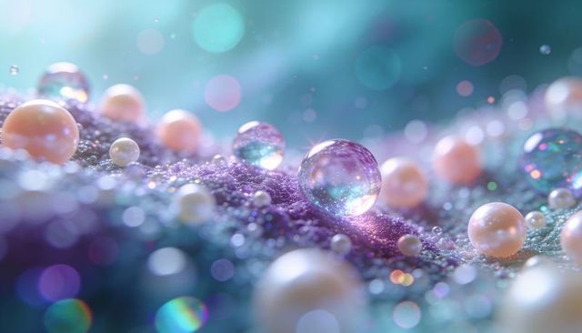 Iridescent droplet reflecting pastel bokeh on pearl-lined glitter surface, macro