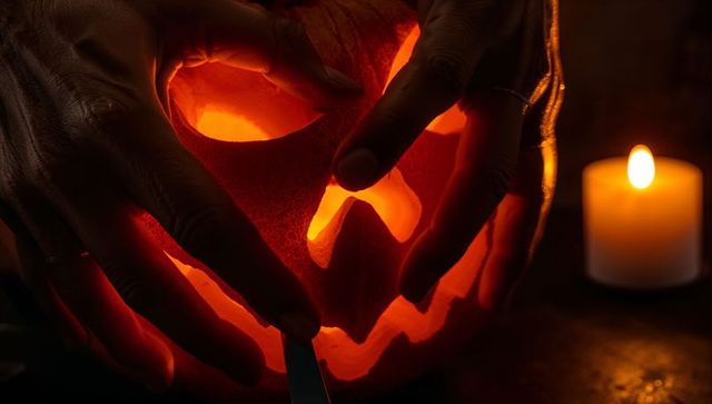 Hands carving glowing jack-o'-lantern candlelight close-up halloween pumpkin crafting mood