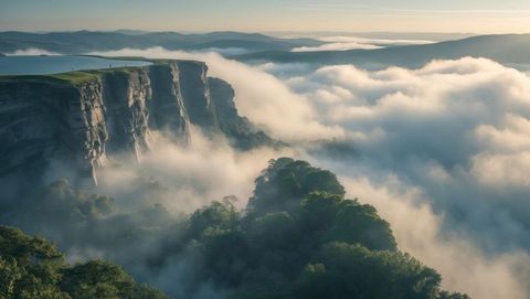 Hikers Overlooking Foggy Valley from Rocky Plateau Edge