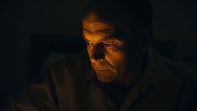 Gazing Middle-Aged Man in Warm Lamp Light, Pensive Chiaroscuro Portrait for Editorial