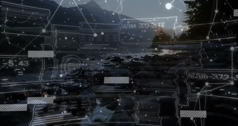 Futuristic HUD mapping rocky shoreline at sunset with data panels and network overlay