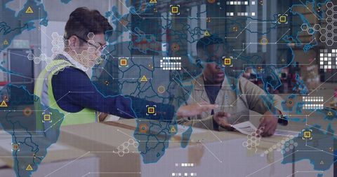 Warehouse workers scanning boxes with global logistics network overlay for fulfillment