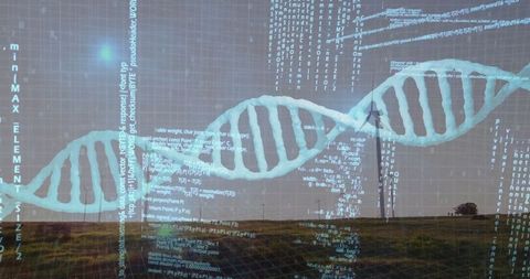 DNA Double Helix and Code Technology Over Scenic Landscape