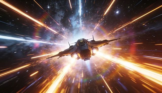 Fighter starship soaring through hyperspace tunnel with blazing engine trails and nebula