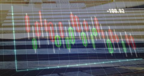 3d candlestick stock chart floating above wooden table conveying market volatility