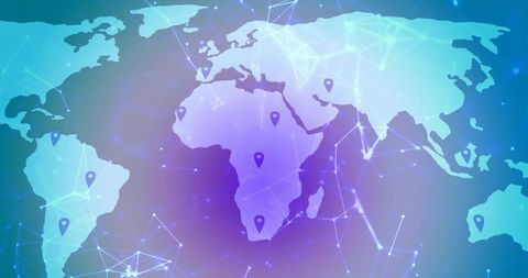 Global digital network map with glowing nodes and location pins on neon mesh