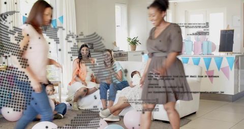 Women celebrating baby shower in living room with pastel balloons and digital overlay