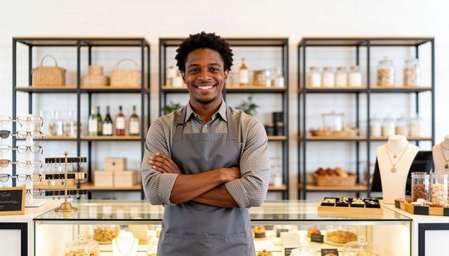 Smiling shop owner standing behind boutique counter with pastries and jewelry display