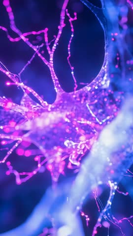 Pulsing Neon Filaments Flowing Through Dark Void Vertical Bioluminescent Neural Network