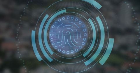 Holographic Fingerprint Biometrics with HUD Over Cityscape