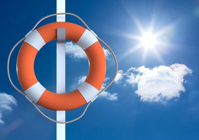 Lifebuoy hanging on a pole against a bright blue sky with scattered clouds and shining sun. Ideal for use in safety and rescue themed projects, maritime and nautical designs, summer and outdoor activity promotions, and emergency preparedness materials.