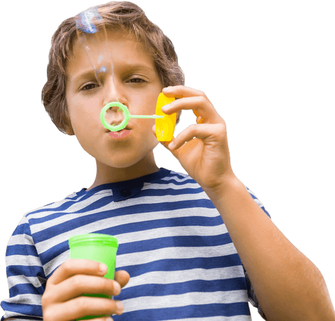 Boy with Striped Shirt Blowing Transparent Bubbles Outdoors - Download Free Stock Videos Pikwizard.com