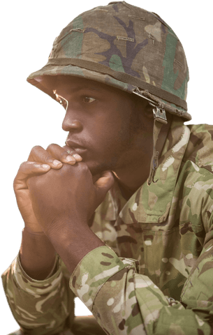 Thoughtful Soldier Posing in Transparent Military Uniform