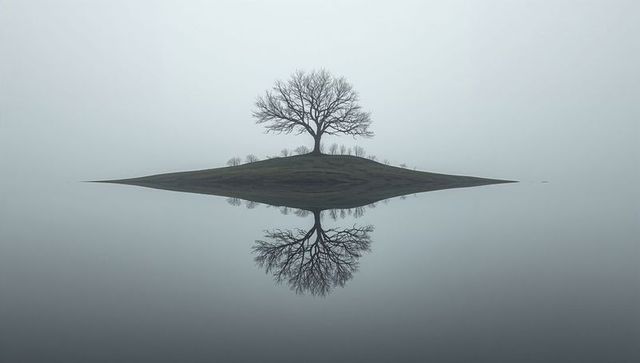 Solitary bare tree reflecting on glassy lake surface over misty minimal islet landscape