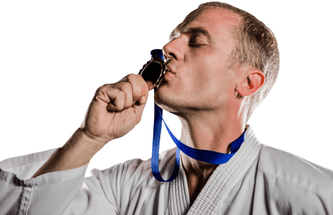 Athlete kissing gold medal with passion transparent background