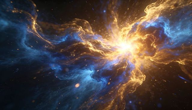 Radiating plasma core streaming golden filaments and blue nebula for sci-fi background