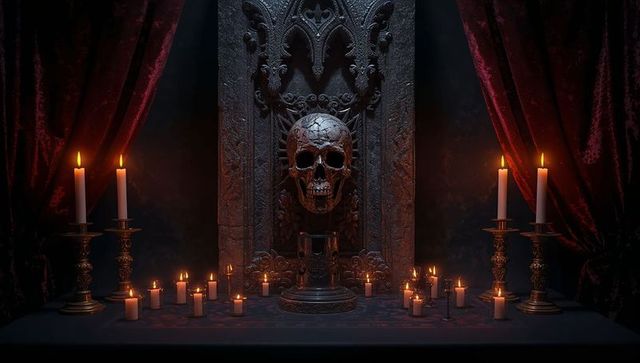 Gothic ritual chamber with skull and flickering candles