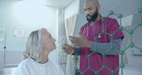 Doctor Examining Senior Patient with Molecule Overlay