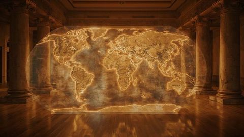 Golden Holographic World Map in Grand Museum Hall