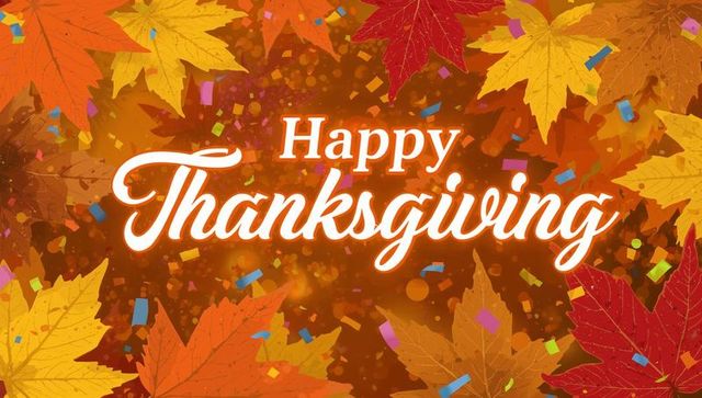 Happy thanksgiving greeting with maple leaves and confetti on warm autumn bokeh background