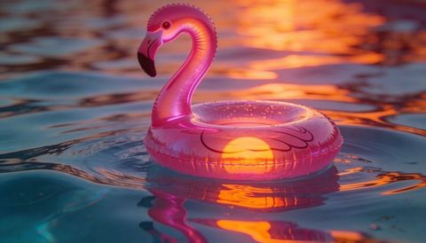 Iridescent pink flamingo pool float reflecting orange magenta sunset glow on calm water