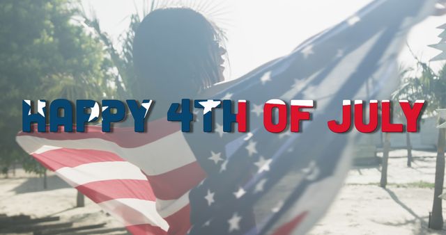 Image of happy 4th of july text and biracial woman dancing with american flag in sun. America, independence day, celebration, tradition, holiday and patriotism concept digitally generated image.
