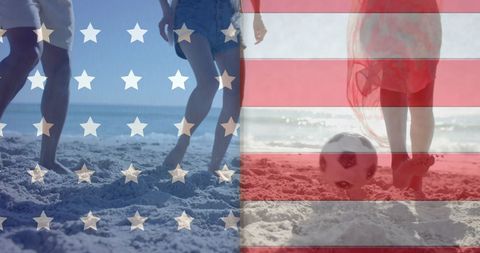 People Playing Beach Soccer with American Flag Overlay