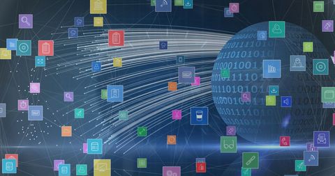 Digital Interface with Floating Technological Icons and Binary Codes - Download Free Stock Images Pikwizard.com