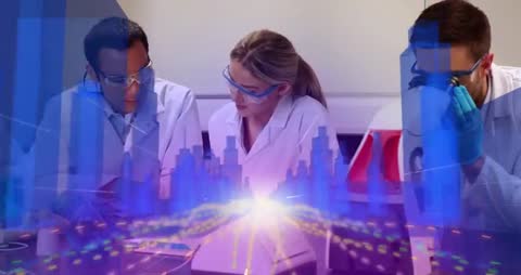 Researchers Analyzing Data with Holographic Cityscape in Laboratory