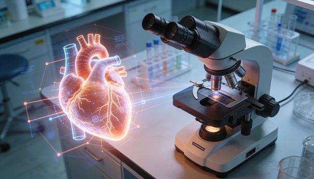 Projecting holographic 3d heart above microscope on lab bench medical visualization