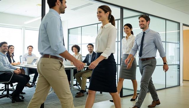 Business team walking and greeting in glass conference room, collaborative workplace entrance