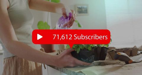 Indoor gardening creator misting seedlings on kitchen counter with subscriber overlay