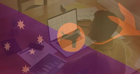 Working remotely with australian kangaroo overlay analyzing laptop spreadsheet at home desk