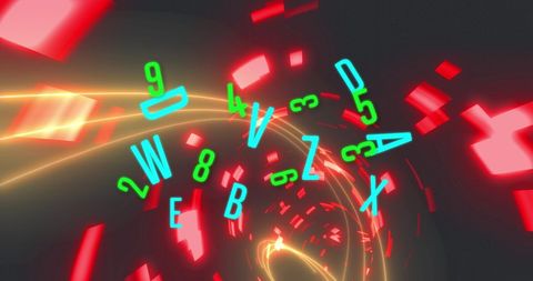 Digital Data Stream with Floating Numbers and Letters in Glowing Tunnel