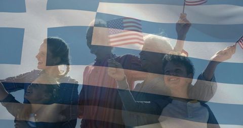 Multigenerational family waving american flags with translucent blue-white stripe overlay