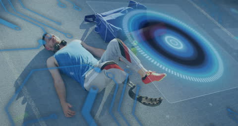 Futuristic Overlay of Data and Disabled Athlete Resting
