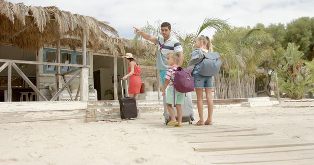 Family of four arriving at a beach house with their luggage, ready for a vacation. Ideal for promoting travel destinations, tropical resorts, family holidays, and vacation rentals. Perfect for illustrating family trips, beach vacations, and summer adventures.