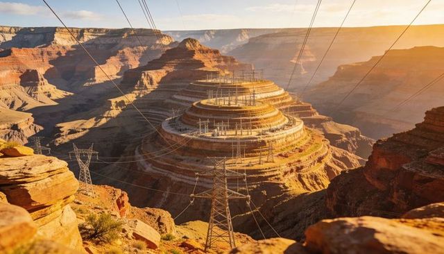 Sunlit concentric terraced mesa surrounded by canyon with transmission towers, power lines