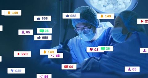 Surgical team operating while receiving social media notifications, digital health concept