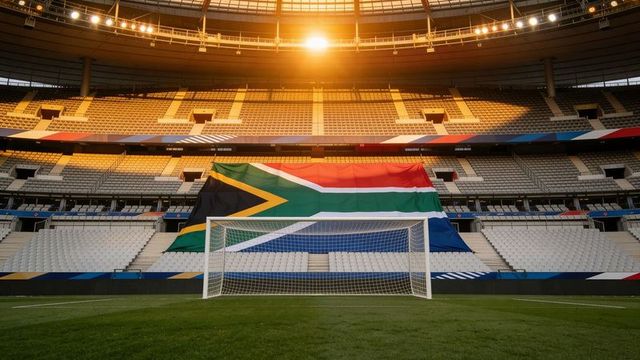 Sunlit stadium displaying giant south african flag draping over central stands behind goal