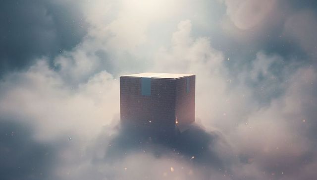 Mystical floating cube in ethereal sky