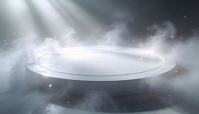 Futuristic Floating Circular Podium with Spotlight, Fog, Haze and Glowing Motes